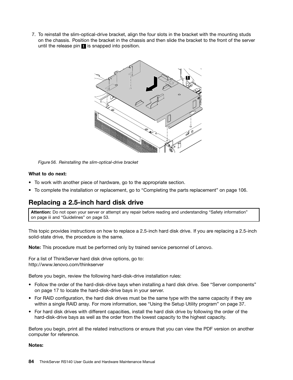 Replacing a 2.5-inch hard disk drive | Lenovo ThinkServer RS140 User Manual | Page 96 / 146