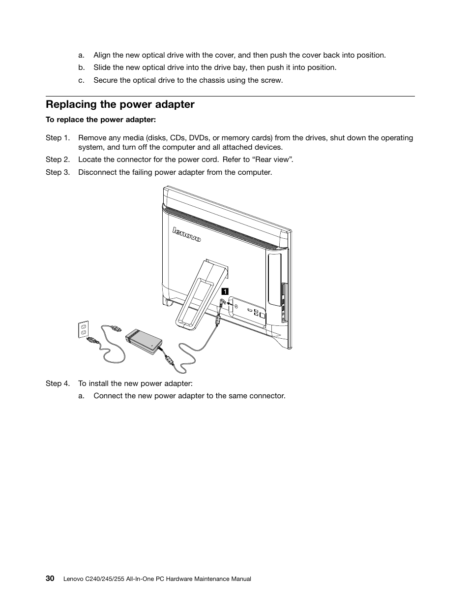 Replacing the power adapter | Lenovo C240 All-in-One User Manual | Page 36 / 63