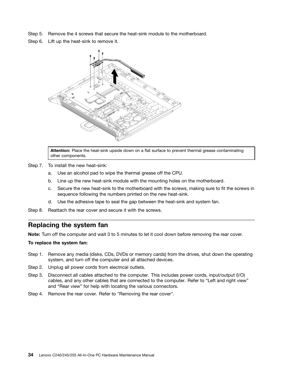 Replacing the system fan | Lenovo C240 All-in-One User Manual | Page 40 / 63