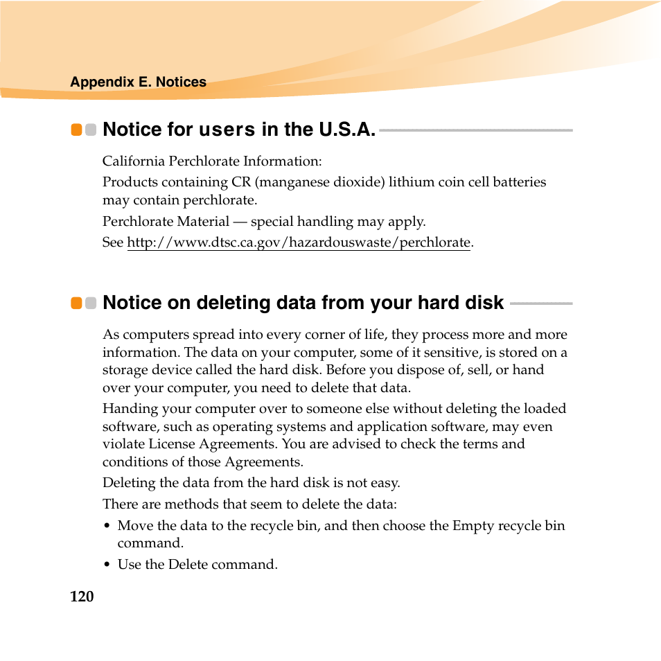 Notice for users in the u.s.a, Notice on deleting data from your hard disk | Lenovo IdeaPad U460 User Manual | Page 134 / 143