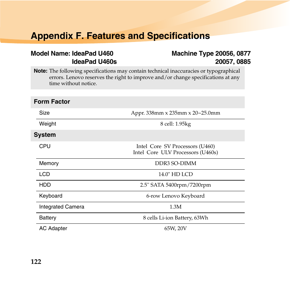 Appendix f. features and specifications | Lenovo IdeaPad U460 User Manual | Page 136 / 143