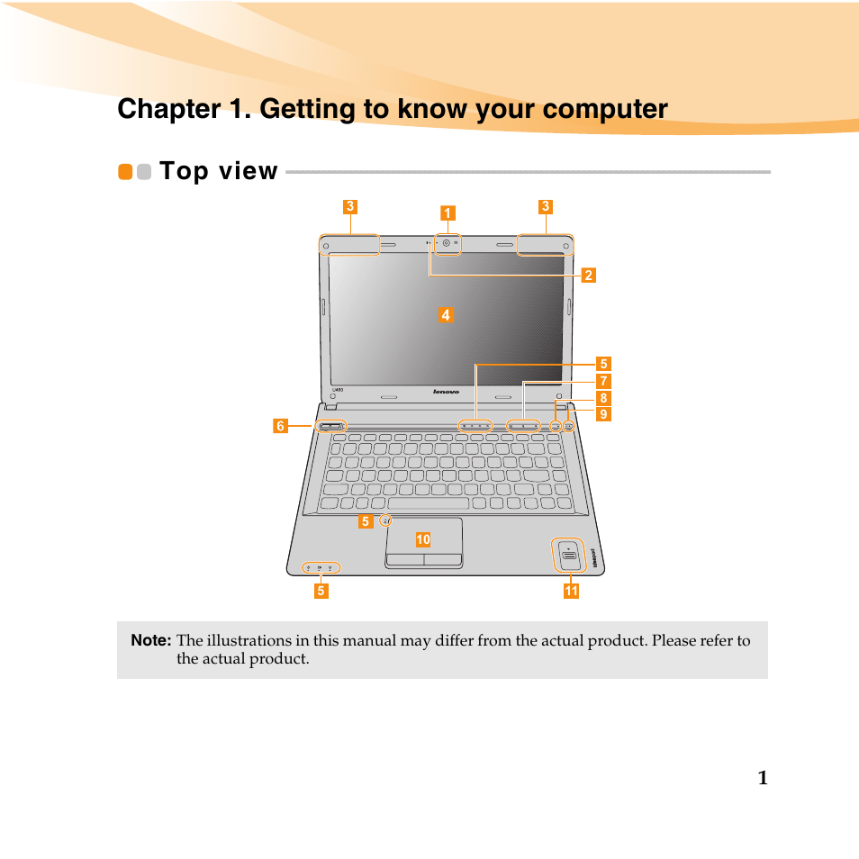 Chapter 1. getting to know your computer, Top view | Lenovo IdeaPad U460 User Manual | Page 15 / 143