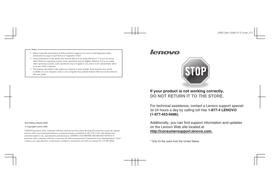Do not return it to the store, If your product is not working correctly | Lenovo IdeaPad U460 User Manual | Page 2 / 143