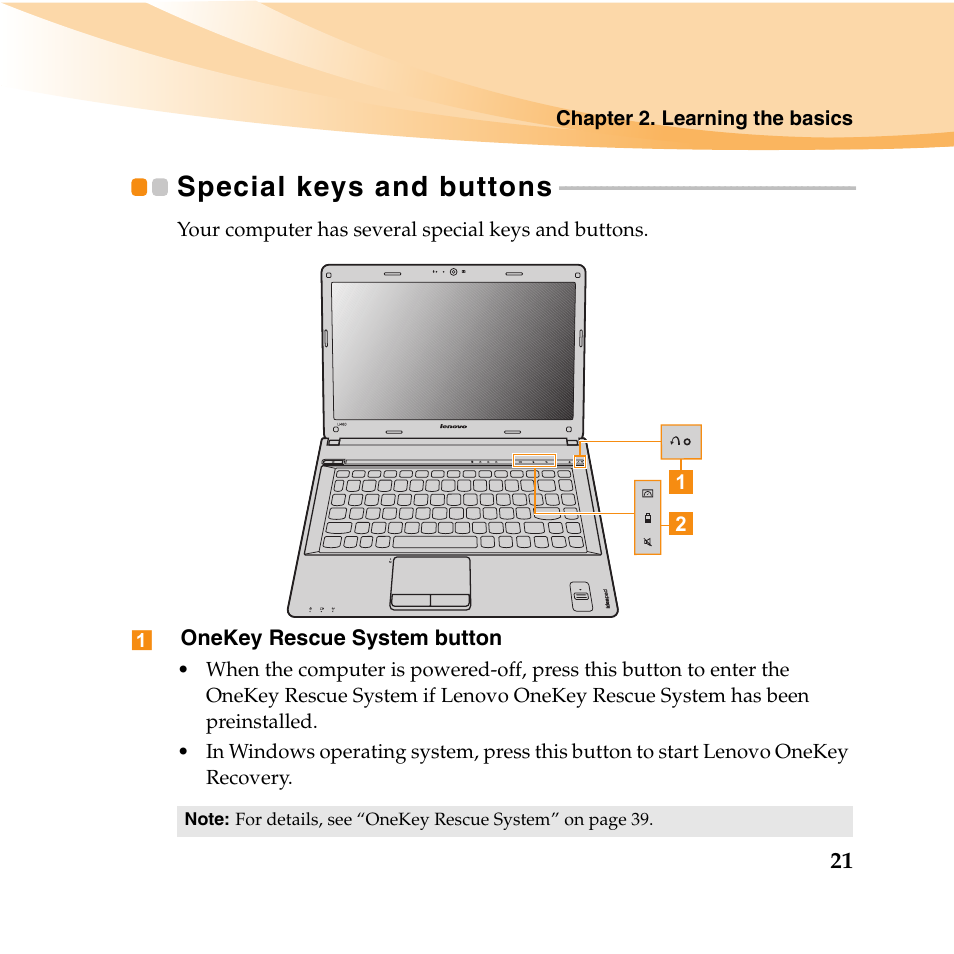 Special keys and buttons | Lenovo IdeaPad U460 User Manual | Page 35 / 143