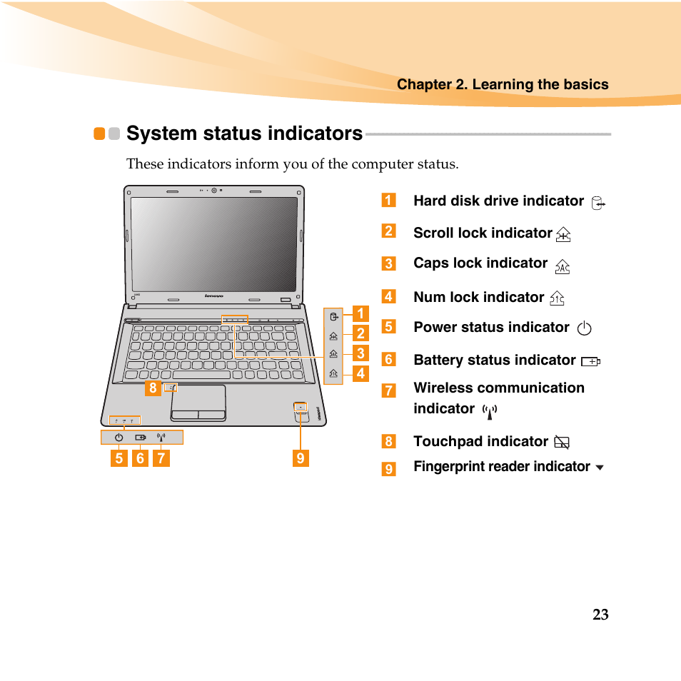 System status indicators | Lenovo IdeaPad U460 User Manual | Page 37 / 143