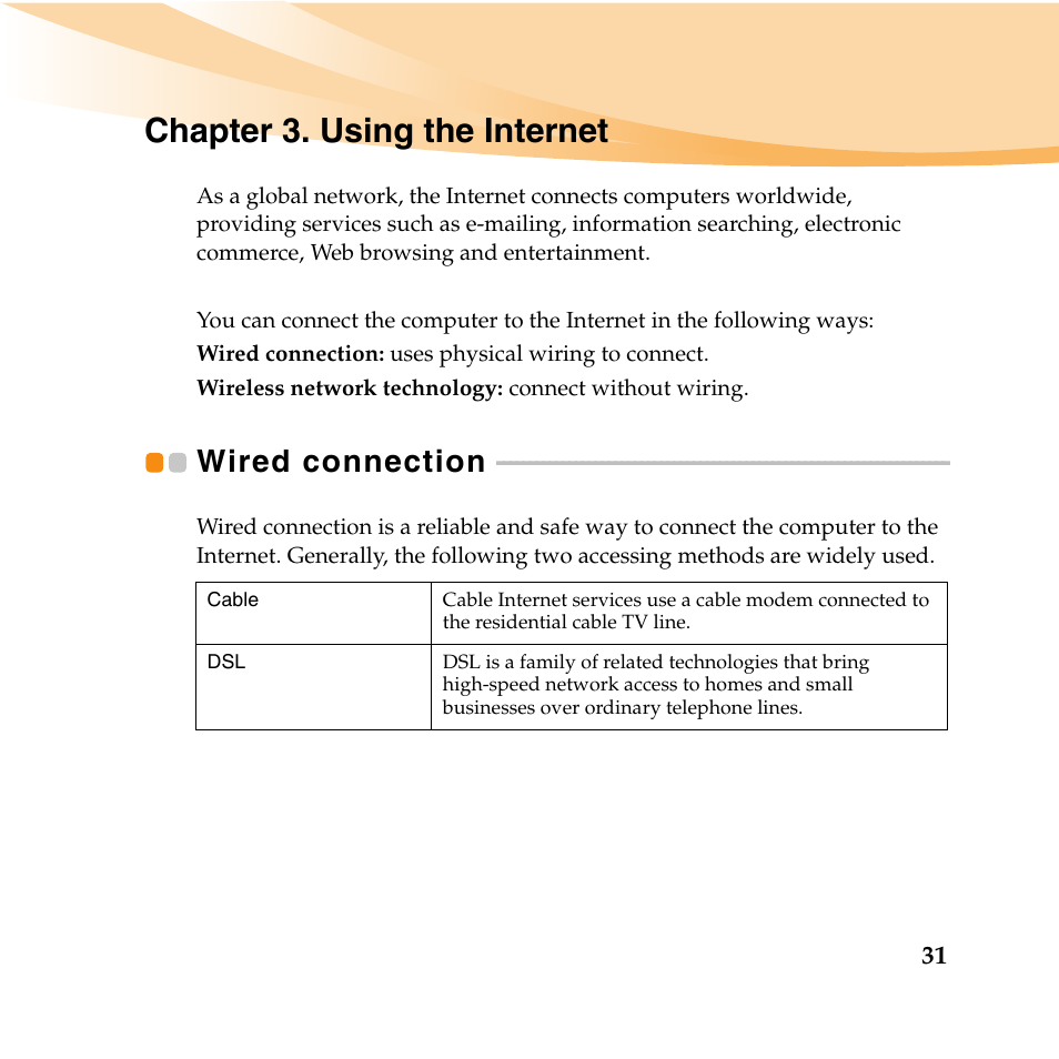 Chapter 3. using the internet, Wired connection | Lenovo IdeaPad U460 User Manual | Page 45 / 143