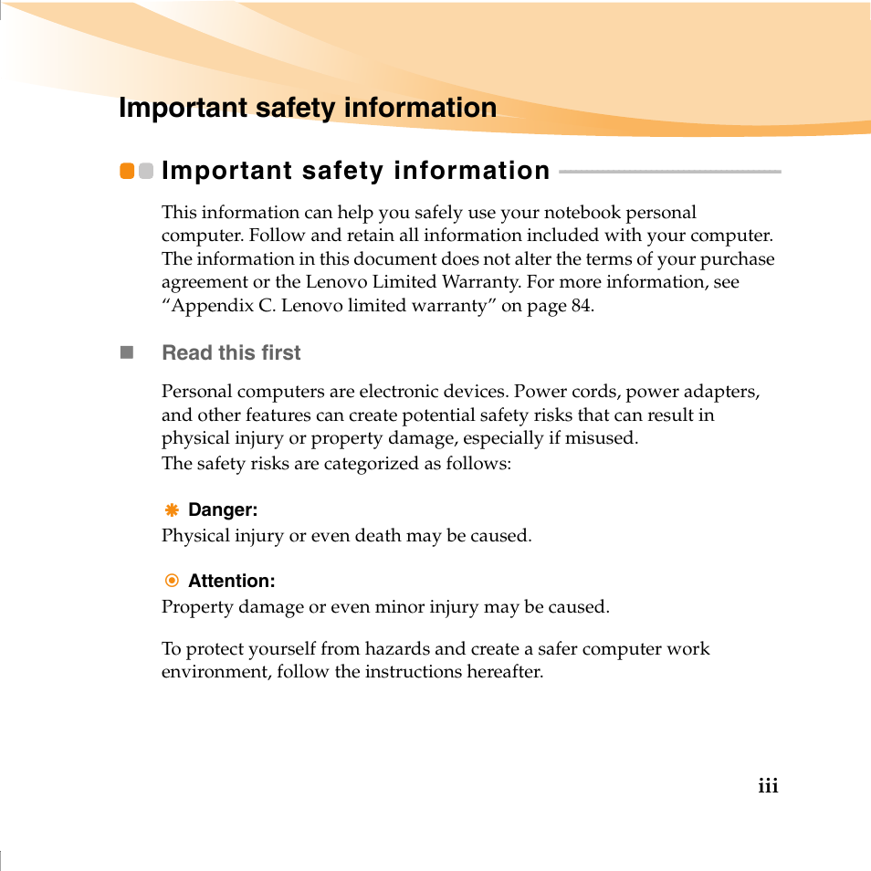 Important safety information, Important safety information...... iii, Important safety information ....iii | Lenovo IdeaPad U460 User Manual | Page 9 / 143