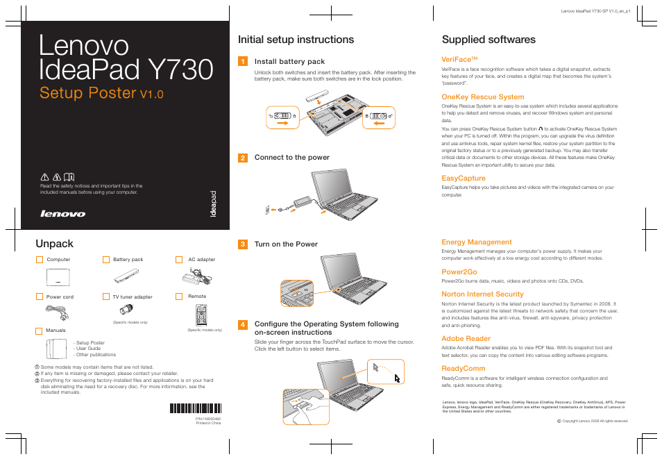 Lenovo IdeaPad Y730 User Manual | 2 pages