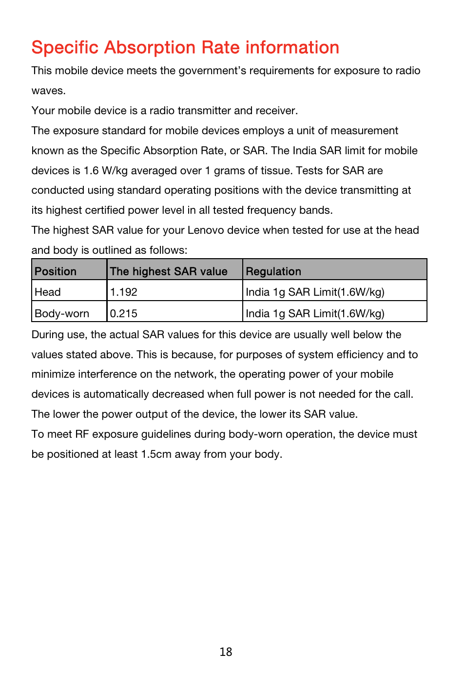 Specific absorption rate information | Lenovo K920 Smartphone User Manual | Page 21 / 24