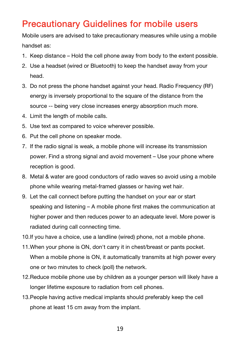 Precautionary guidelines for mobile users | Lenovo K920 Smartphone User Manual | Page 22 / 24