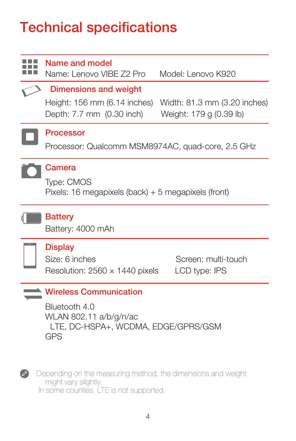 Technical specifications | Lenovo K920 Smartphone User Manual | Page 7 / 24