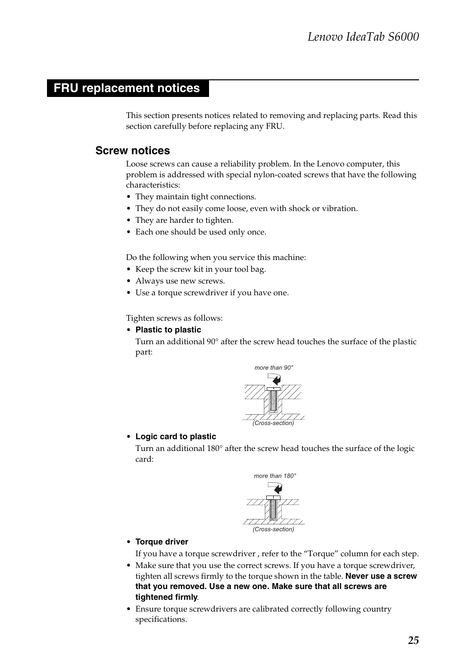 Fru replacement notices, Screw notices, Lenovo ideatab s6000 | Lenovo S6000 Tablet User Manual | Page 29 / 53