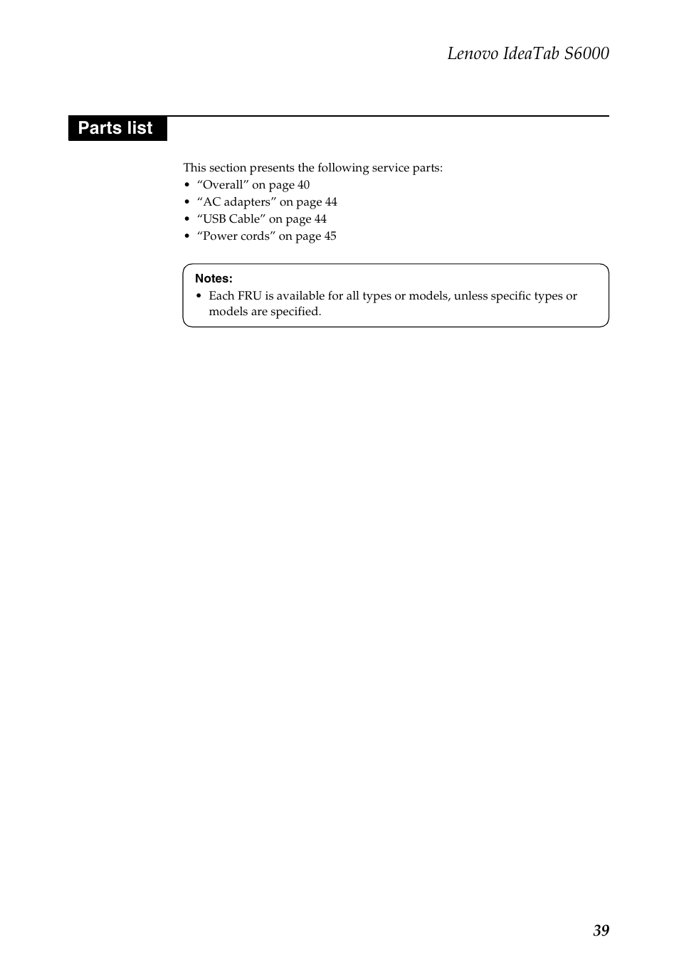Parts list, Lenovo ideatab s6000 | Lenovo S6000 Tablet User Manual | Page 43 / 53