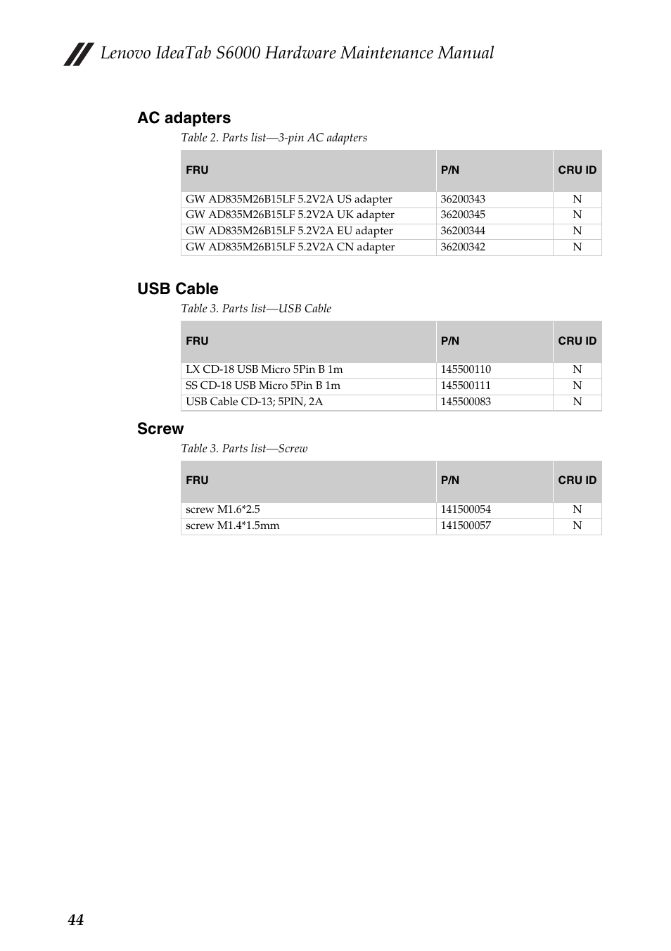 Ac adapters, Usb cable, Screw | Ac adapters usb cable screw, Lenovo ideatab s6000 hardware maintenance manual, 44 ac adapters | Lenovo S6000 Tablet User Manual | Page 48 / 53