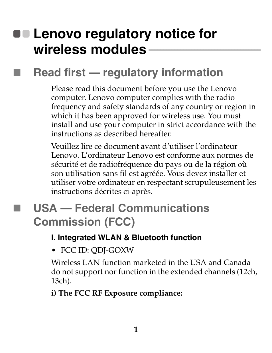 Lenovo regulatory notice for wireless modules, Read first — regulatory information, Usa — federal communications commission (fcc) | Lenovo S2109 Tablet User Manual | Page 2 / 20