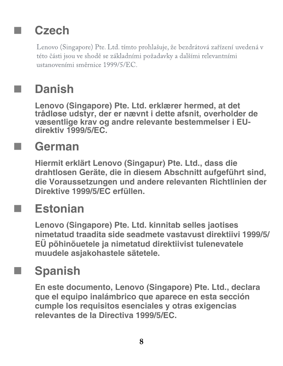 Czech  danish, German, Estonian | Spanish | Lenovo S2109 Tablet User Manual | Page 9 / 20