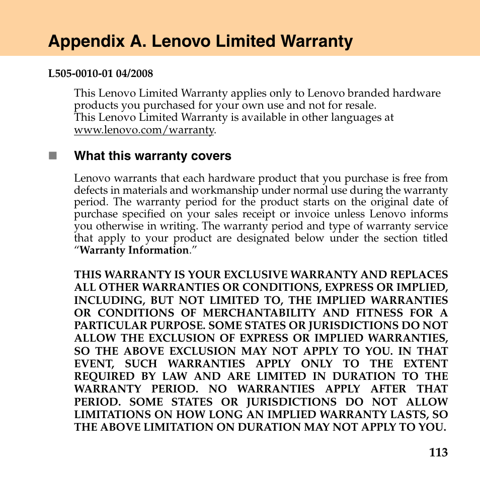 Appendix a. lenovo limited warranty | Lenovo G530 User Manual | Page 121 / 162
