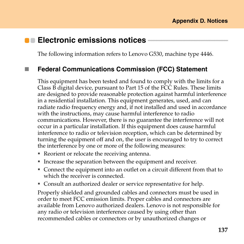 Electronic emissions notices | Lenovo G530 User Manual | Page 145 / 162