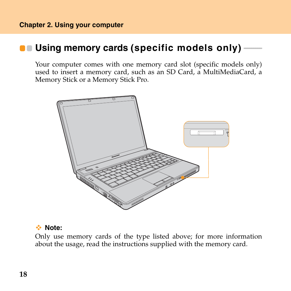 Using memory cards (specific models only) | Lenovo G530 User Manual | Page 26 / 162