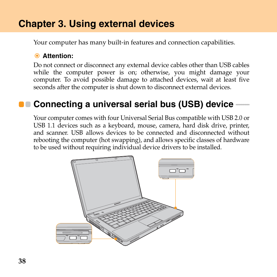 Chapter 3. using external devices, Connecting a universal serial bus (usb) device | Lenovo G530 User Manual | Page 46 / 162