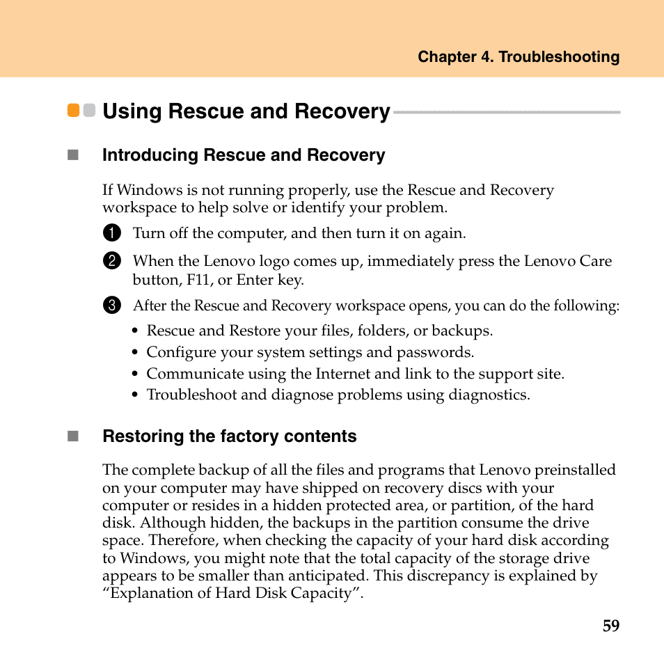 Using rescue and recovery | Lenovo G530 User Manual | Page 67 / 162