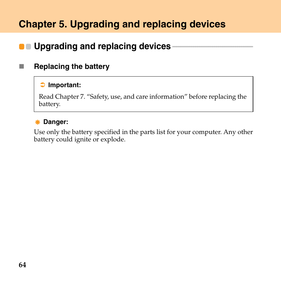 Chapter 5. upgrading and replacing devices, Upgrading and replacing devices | Lenovo G530 User Manual | Page 72 / 162