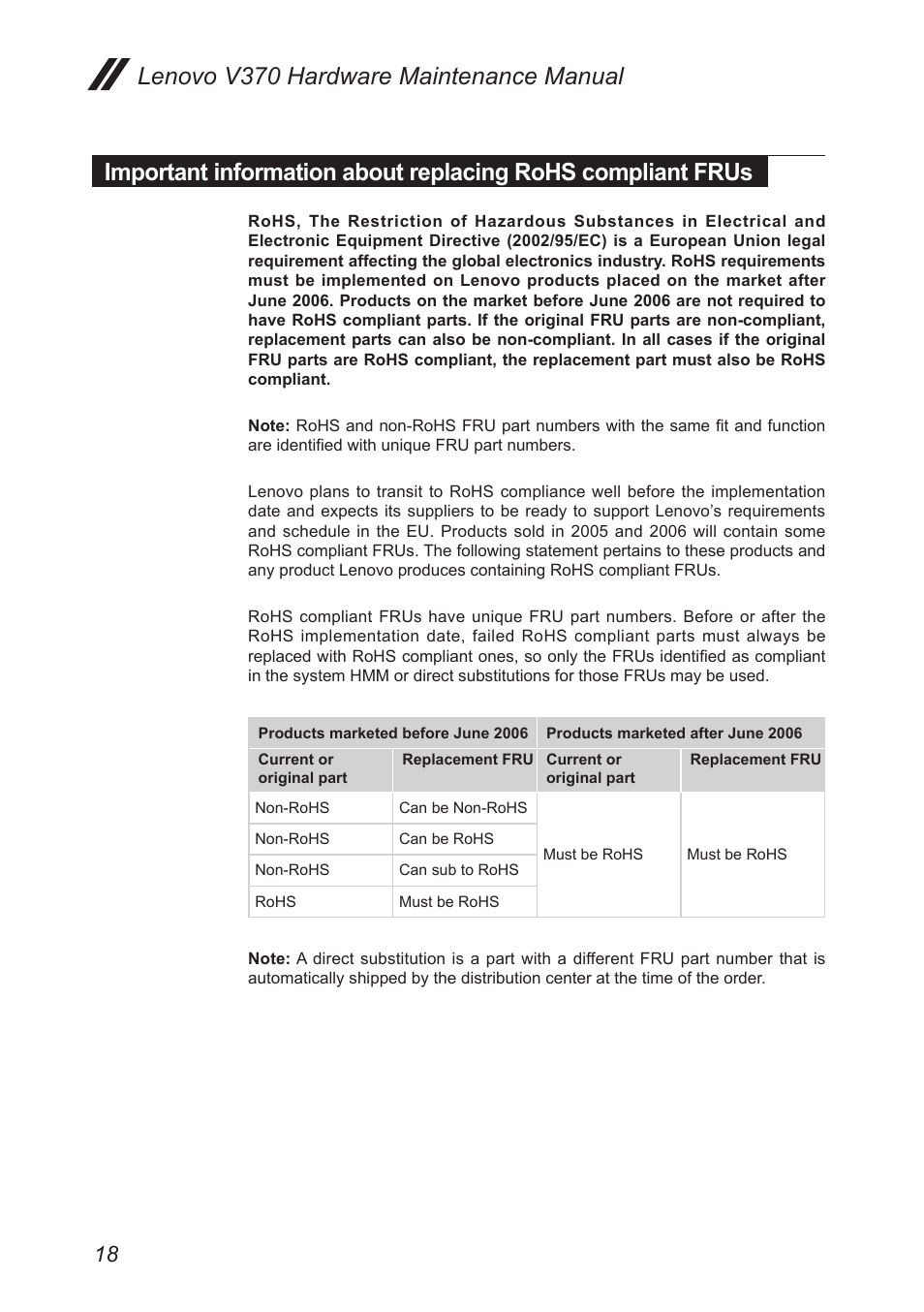 Important information about replacing rohs, Compliant frus | Lenovo V370 Notebook User Manual | Page 22 / 87