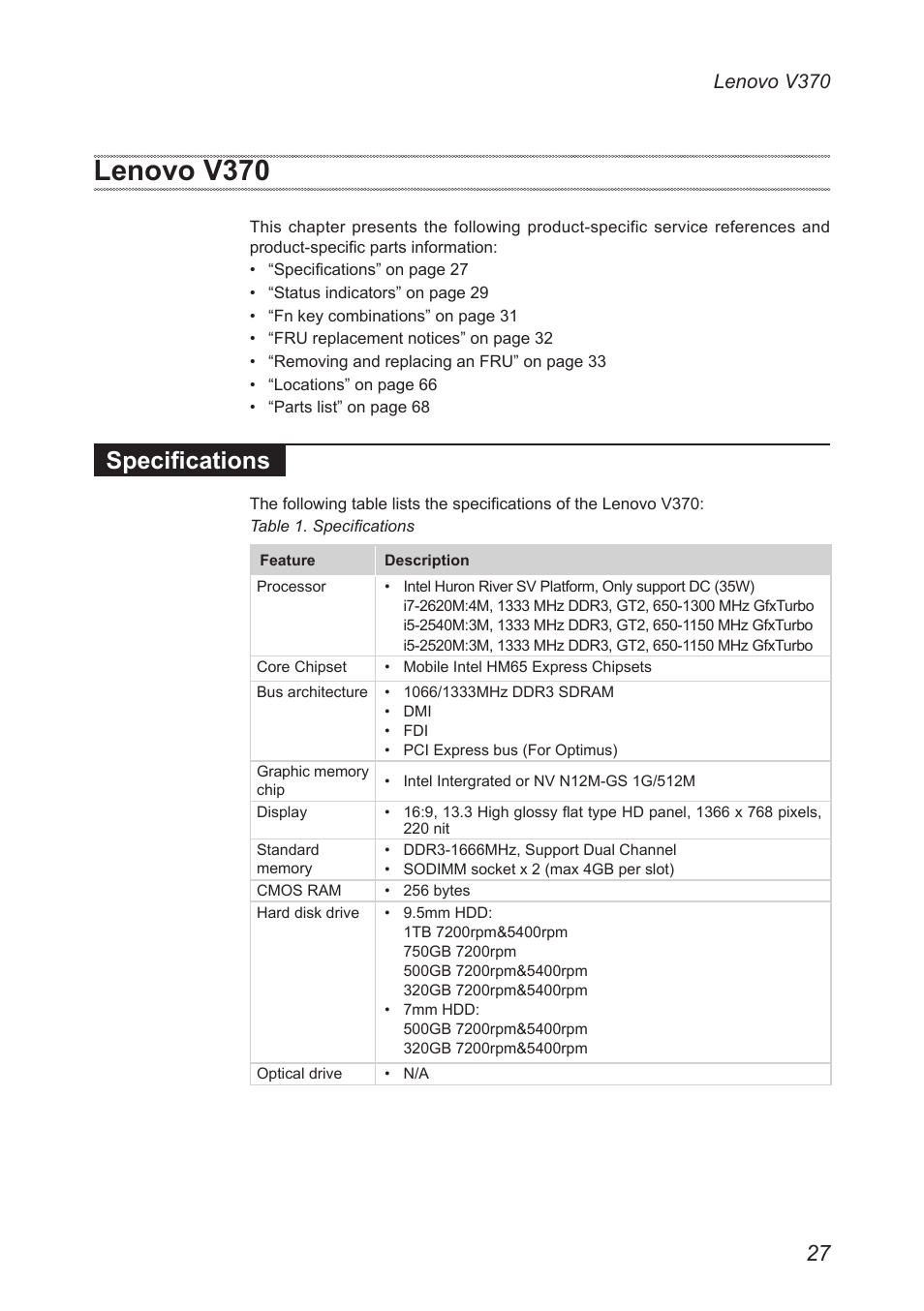 Lenovo v370, Specifications | Lenovo V370 Notebook User Manual | Page 31 / 87