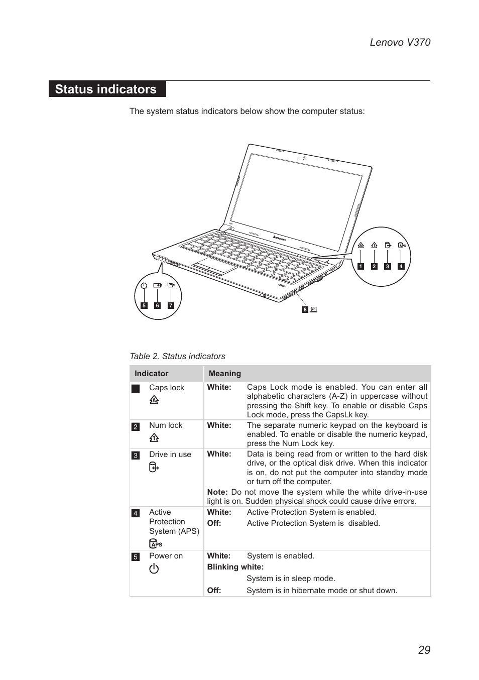 Status indicators, Lenovo v370 | Lenovo V370 Notebook User Manual | Page 33 / 87