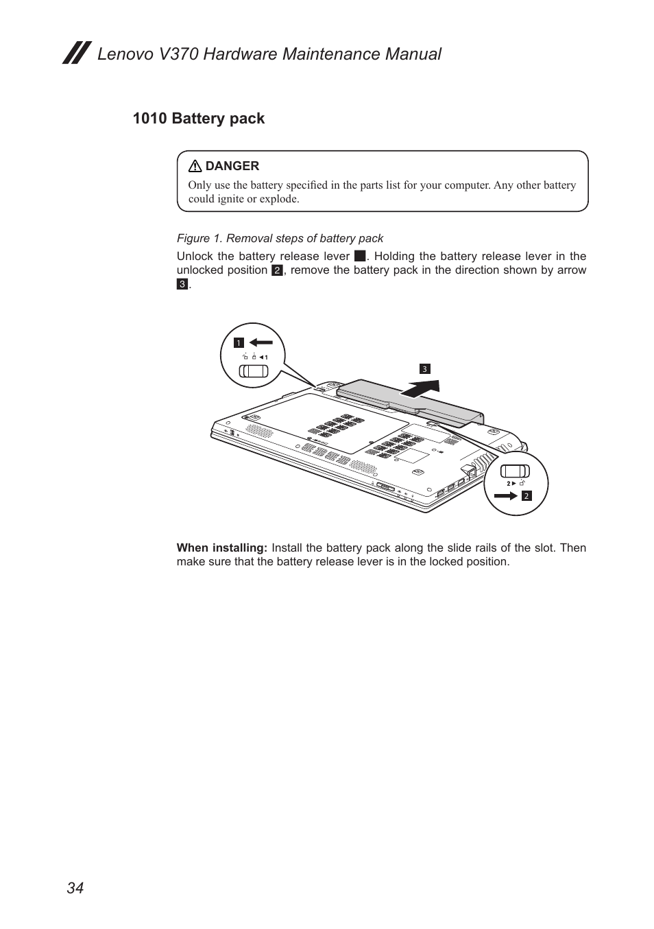 1010 battery pack, Lenovo v370 hardware maintenance manual | Lenovo V370 Notebook User Manual | Page 38 / 87