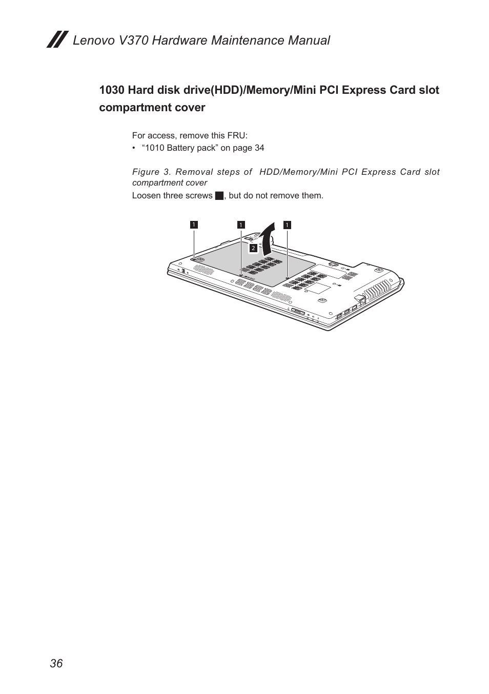 1030 hard disk drive(hdd)/memory/mini pci, Express card slot compartment cover, Lenovo v370 hardware maintenance manual | Lenovo V370 Notebook User Manual | Page 40 / 87