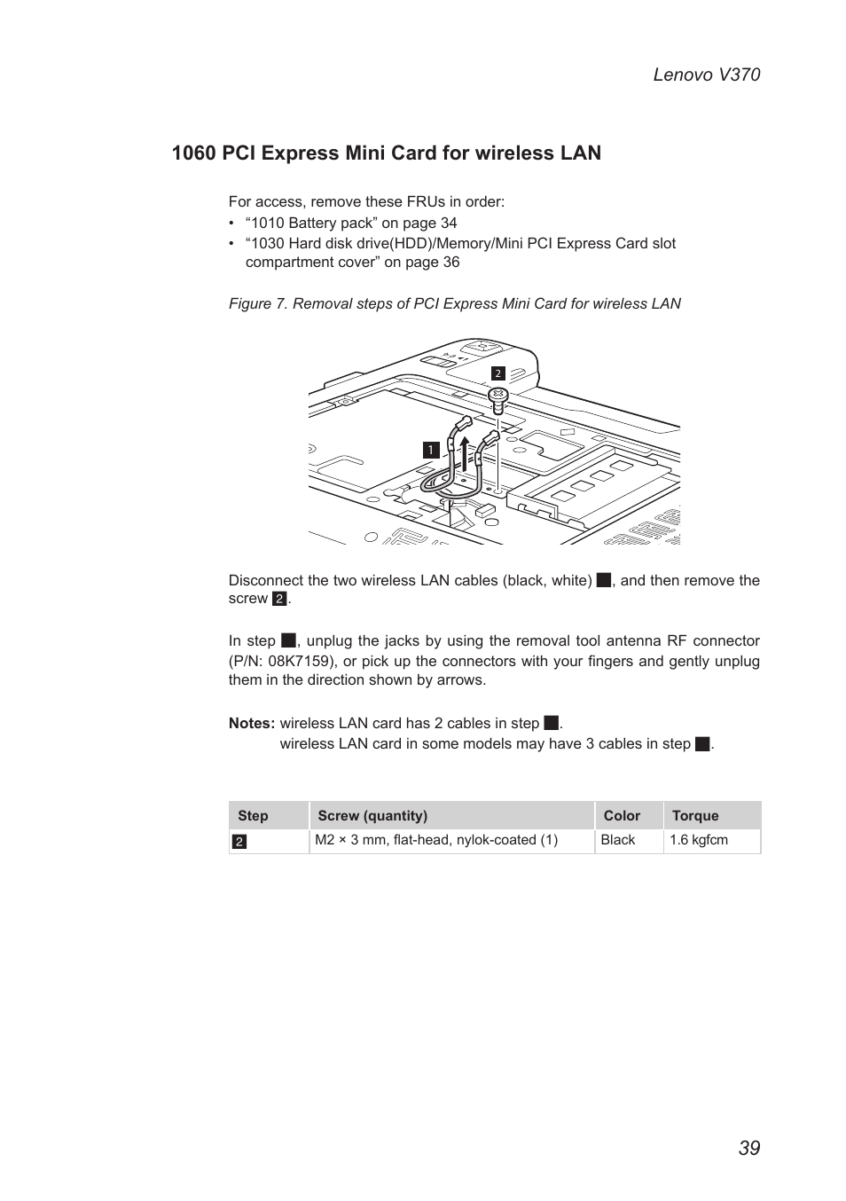 1060 pci express mini card for wireless lan, 1060 pci express mini card for, Wireless lan | Lenovo V370 Notebook User Manual | Page 43 / 87