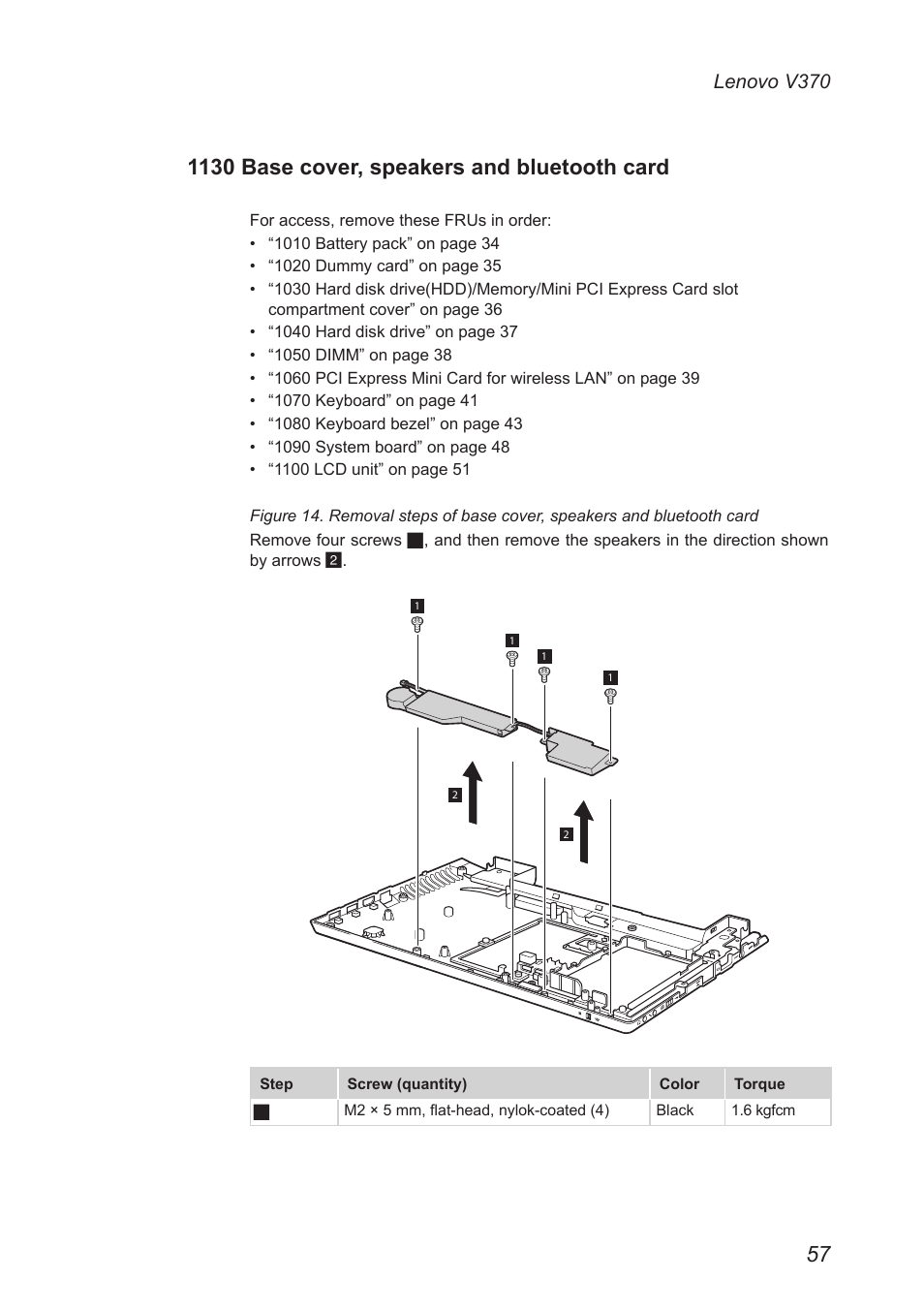 1130 base cover, speakers and bluetooth card, 1130 base cover, speakers and, Bluetooth card | Lenovo v370 | Lenovo V370 Notebook User Manual | Page 61 / 87