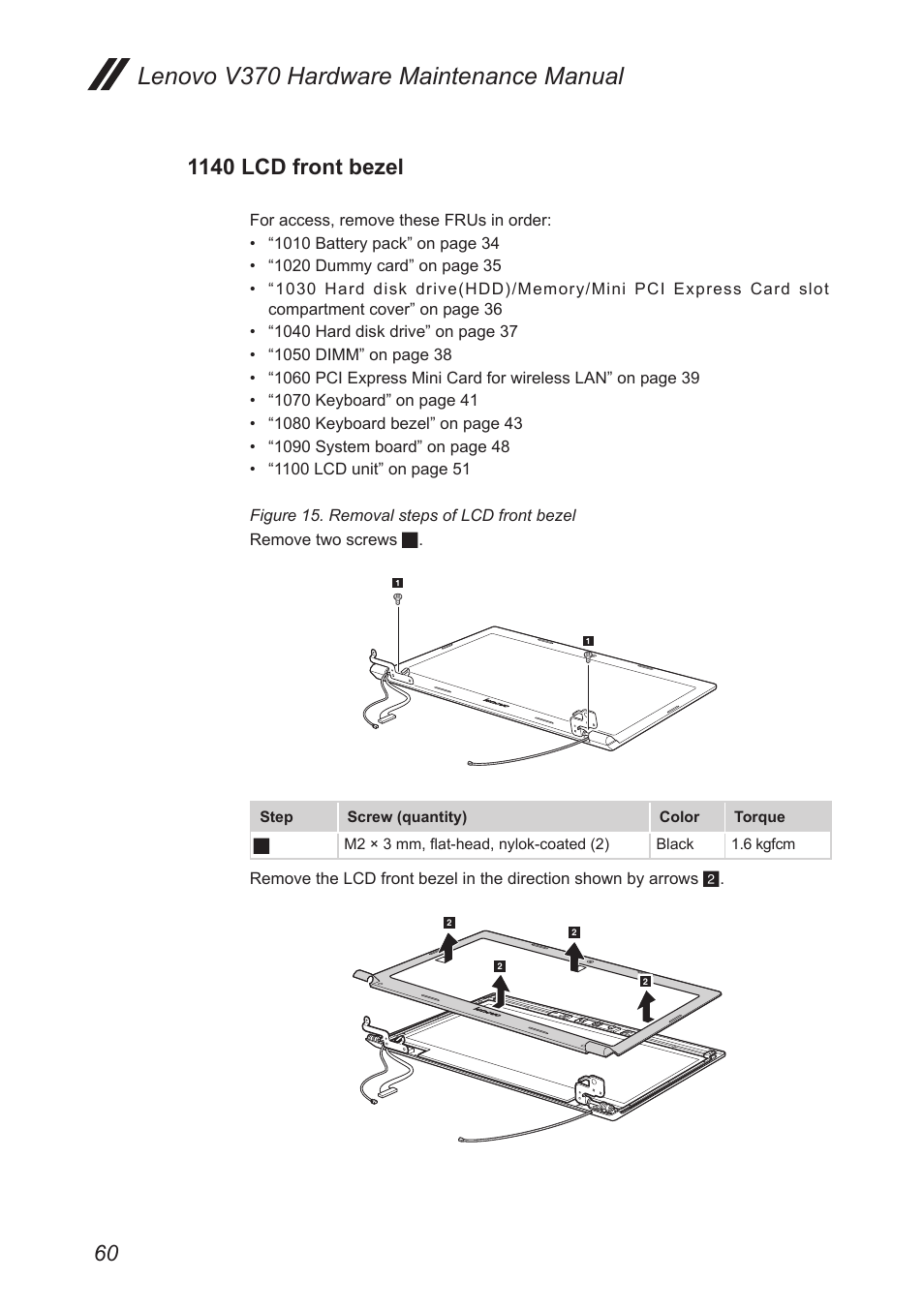 1140 lcd front bezel, Lenovo v370 hardware maintenance manual | Lenovo V370 Notebook User Manual | Page 64 / 87