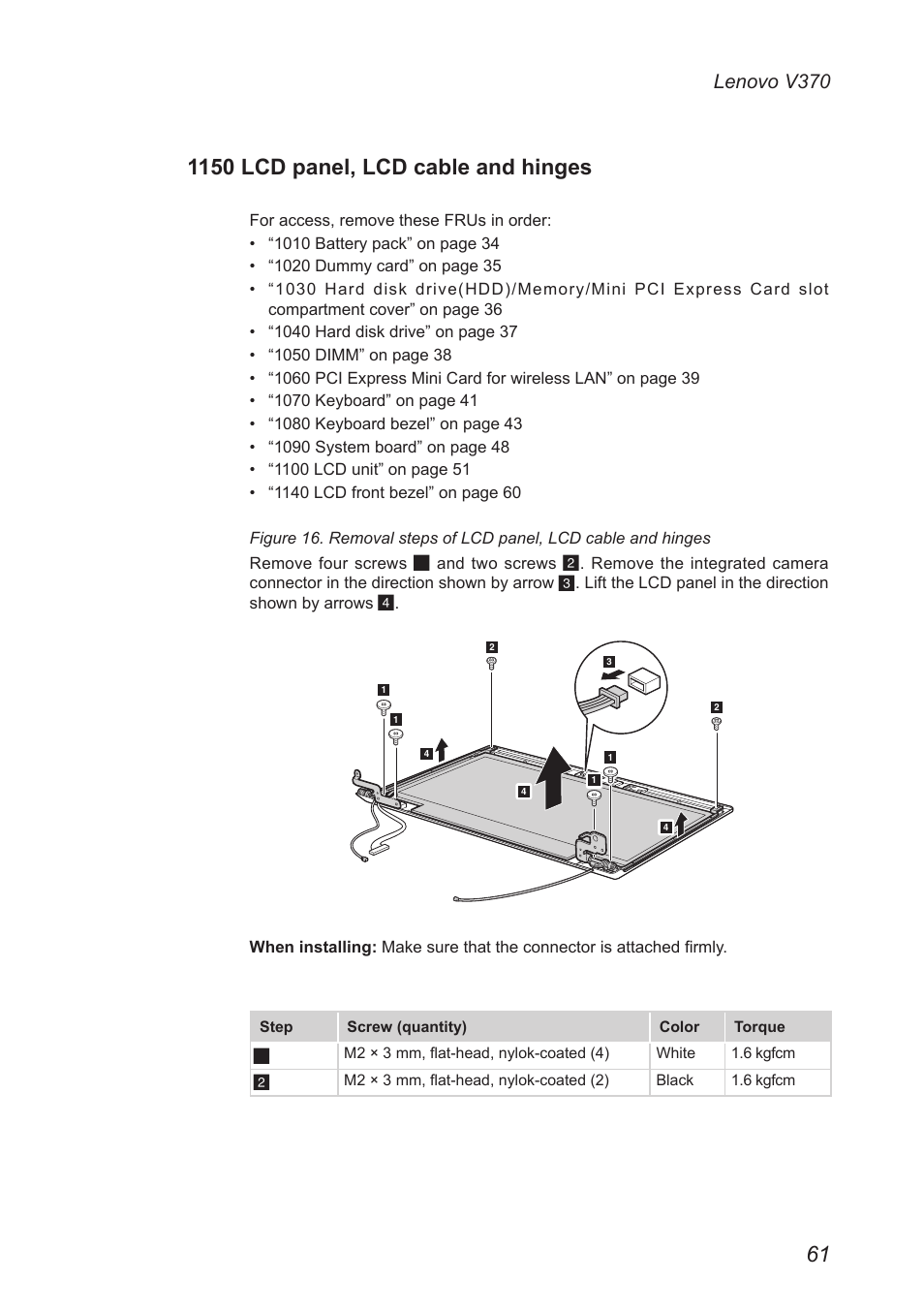 1150 lcd panel, lcd cable and hinges, Lenovo v370 | Lenovo V370 Notebook User Manual | Page 65 / 87