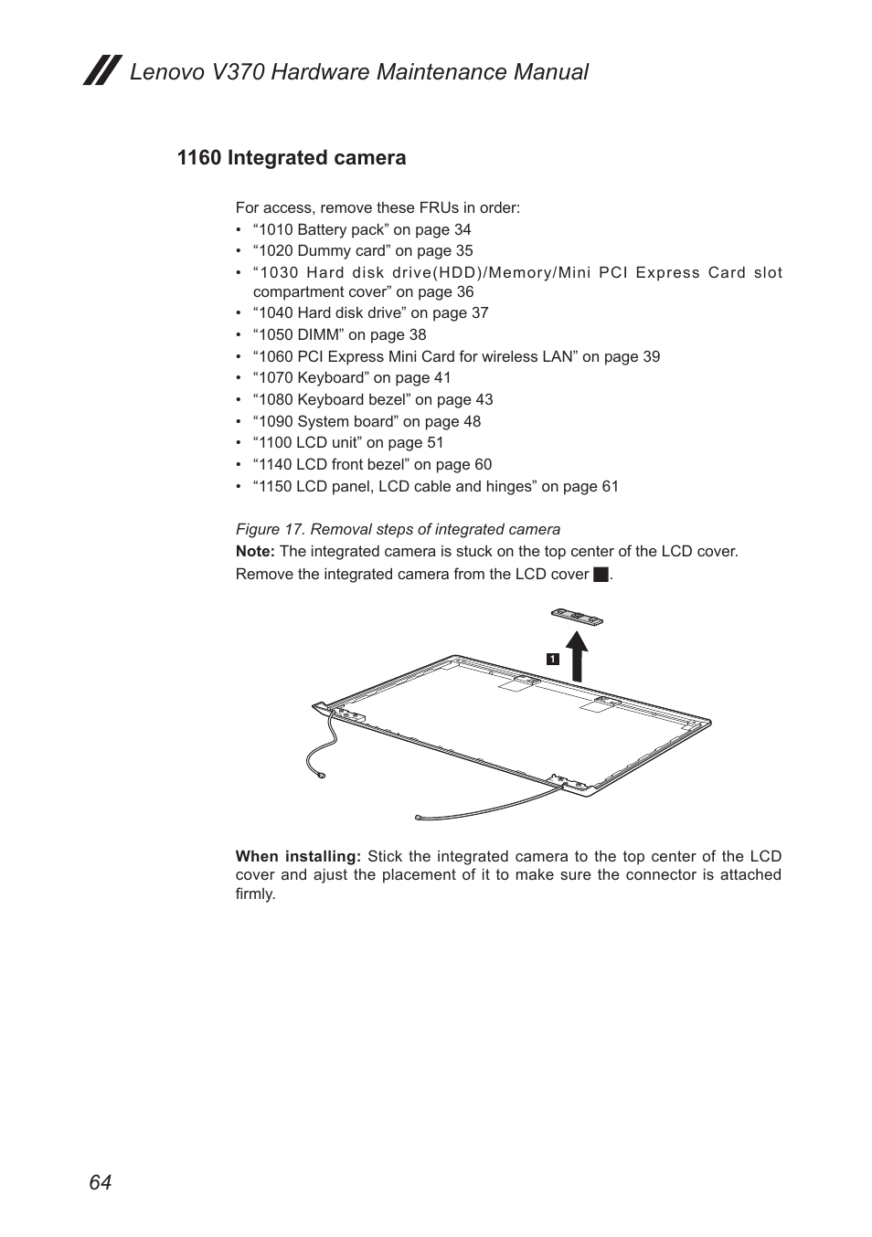 1160 integrated camera, Lenovo v370 hardware maintenance manual | Lenovo V370 Notebook User Manual | Page 68 / 87