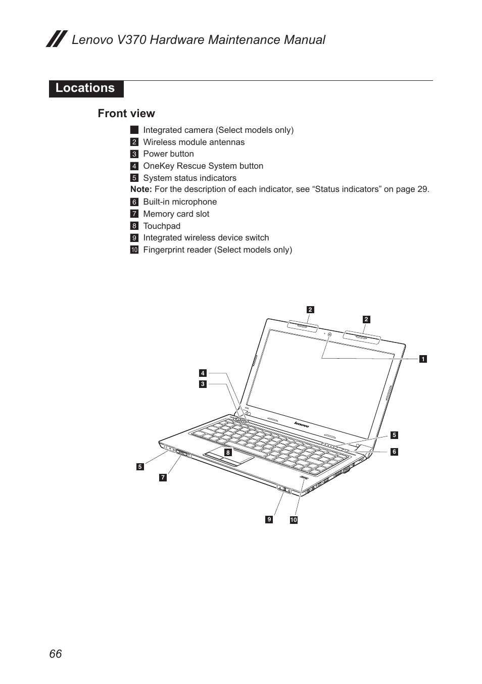 Locations, Front view, Lenovo v370 hardware maintenance manual locations | Lenovo V370 Notebook User Manual | Page 70 / 87