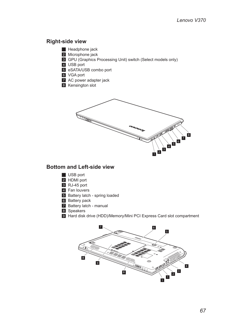 Right-side view, Bottom and left-side view, Lenovo v370 | Lenovo V370 Notebook User Manual | Page 71 / 87