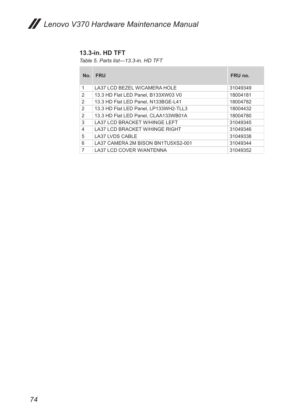 Lenovo v370 hardware maintenance manual, In. hd tft | Lenovo V370 Notebook User Manual | Page 78 / 87