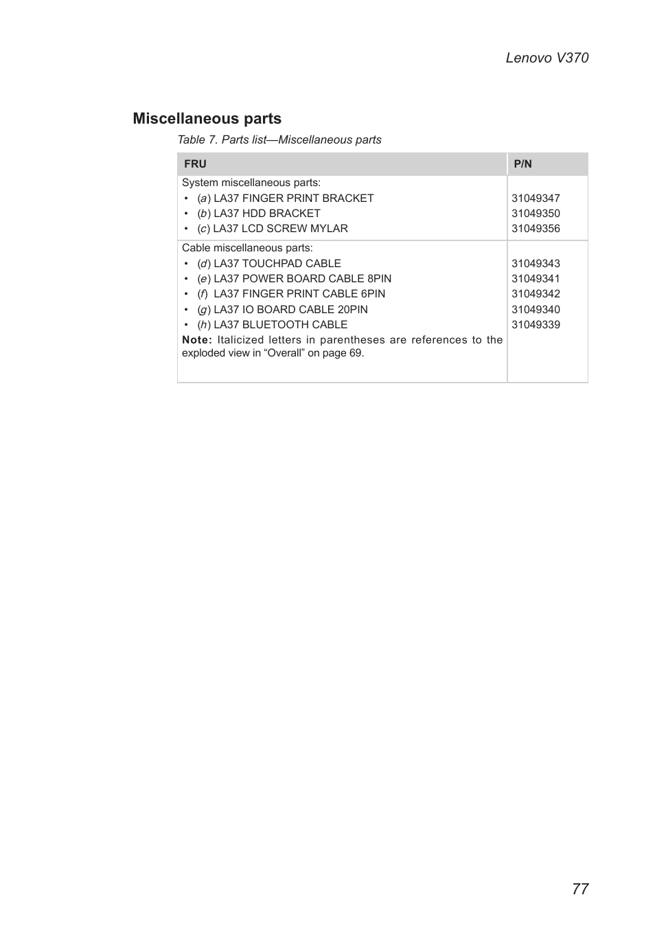 Miscellaneous parts, Lenovo v370 | Lenovo V370 Notebook User Manual | Page 81 / 87