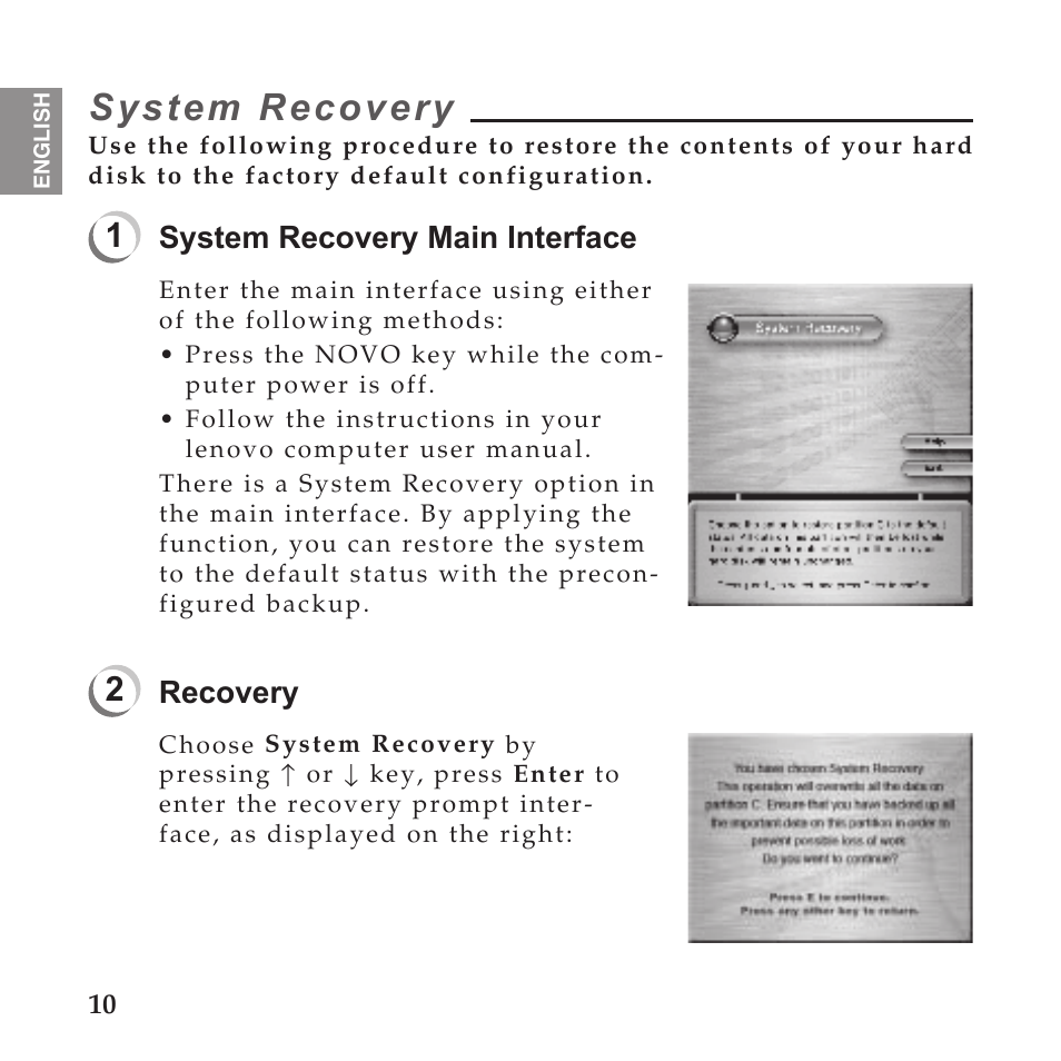 System recovery, System.recovery, System recovery main interface | Recovery | Lenovo IdeaPad U110 User Manual | Page 14 / 60