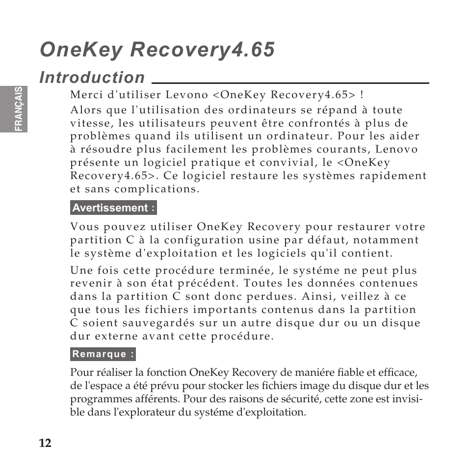 Français, Introduction, Onekey recovery4.65 | Lenovo IdeaPad U110 User Manual | Page 16 / 60