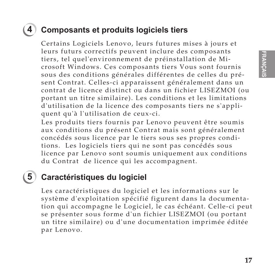Composants et produits logiciels tiers, Caractéristiques du logiciel | Lenovo IdeaPad U110 User Manual | Page 21 / 60