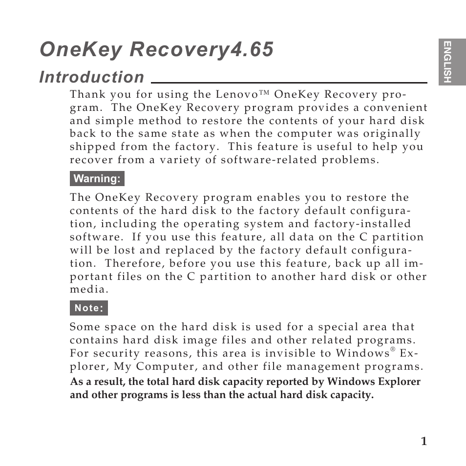 English, Introduction, Onekey recovery4.65 | Lenovo IdeaPad U110 User Manual | Page 5 / 60