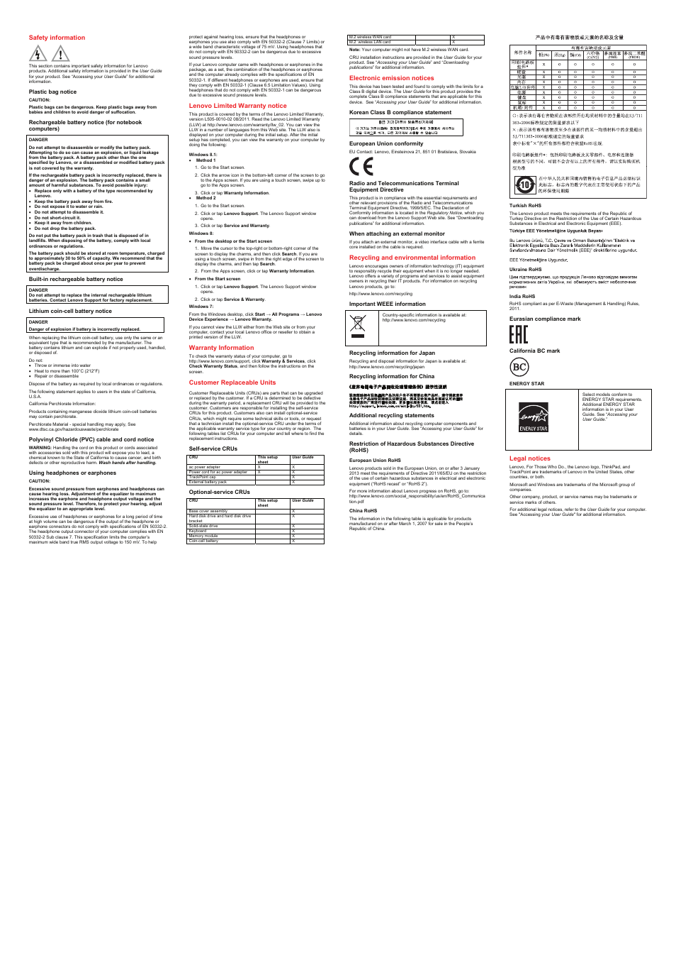 Safety information, Plastic bag notice, Built-in rechargeable battery notice | Lithium coin-cell battery notice, Polyvinyl chloride (pvc) cable and cord notice, Using headphones or earphones, Lenovo limited warranty notice, Warranty information, Customer replaceable units, Self-service crus | Lenovo ThinkPad T440s User Manual | Page 2 / 2