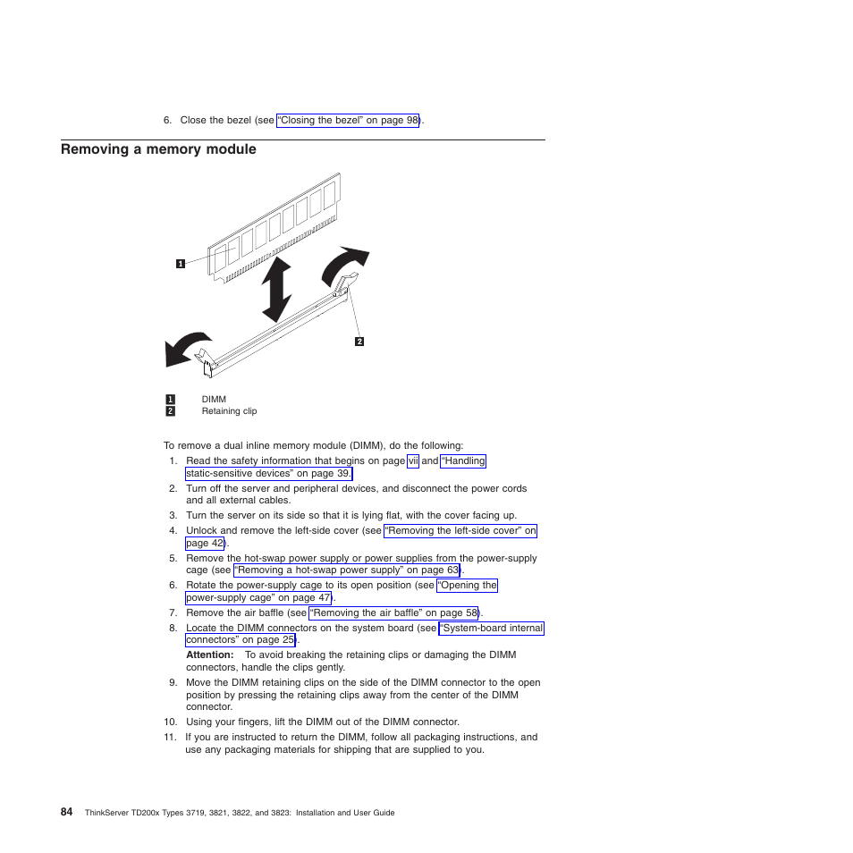 Removing a memory module | Lenovo ThinkServer TD200x User Manual | Page 100 / 214