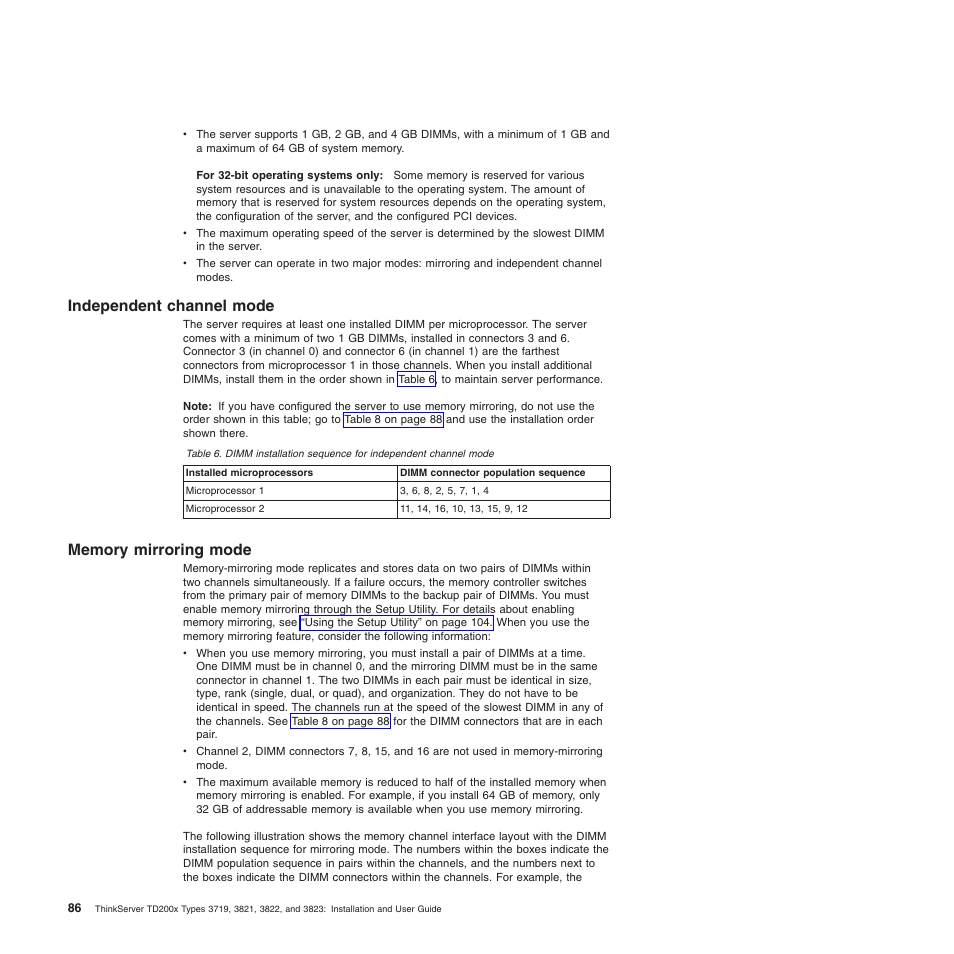 Independent channel mode, Memory mirroring mode, Independent channel mode memory mirroring mode | Lenovo ThinkServer TD200x User Manual | Page 102 / 214
