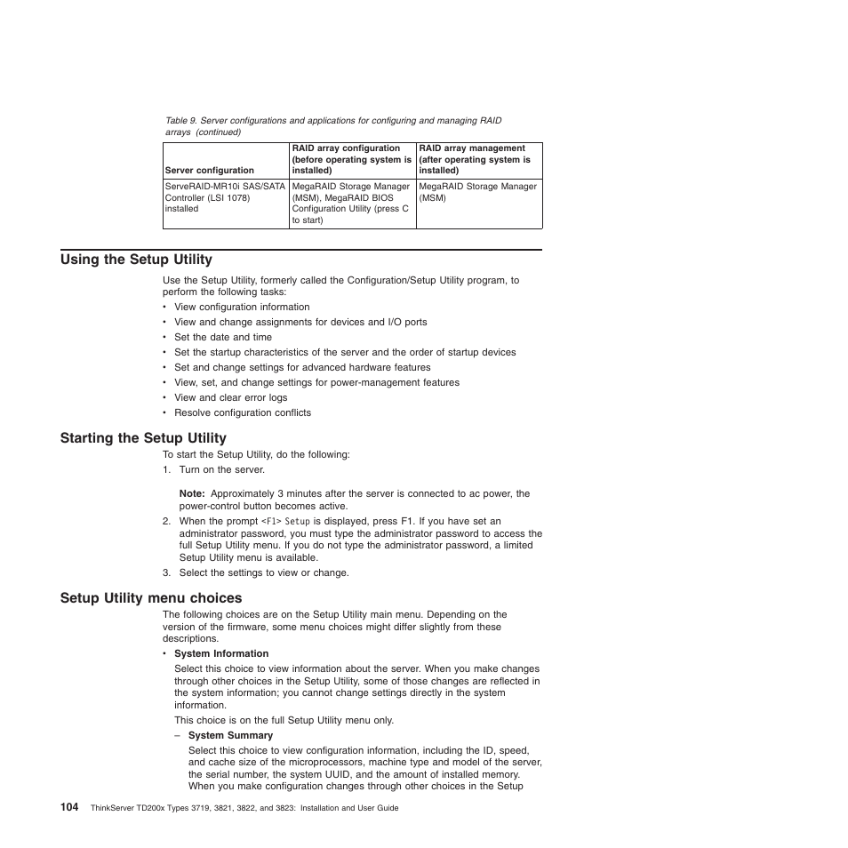 Using the setup utility, Starting the setup utility, Setup utility menu choices | Lenovo ThinkServer TD200x User Manual | Page 120 / 214