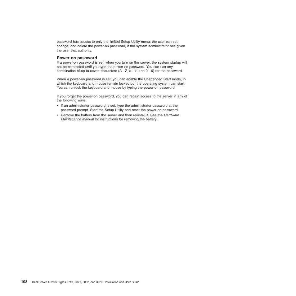 Power-on password | Lenovo ThinkServer TD200x User Manual | Page 124 / 214