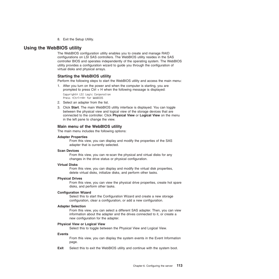 Using the webbios utility, Starting the webbios utility, Main menu of the webbios utility | Lenovo ThinkServer TD200x User Manual | Page 129 / 214